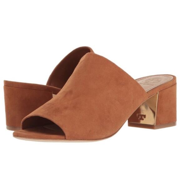 Tory Burch Salinas Mule Suede Leather Open Toe Block Heel Sandals, Tan - Picture 11 of 11